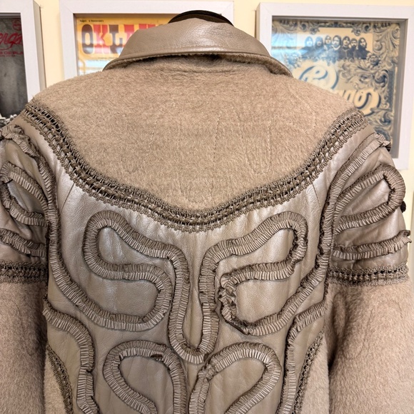 Vintage 80s Statement Taupe Wool & Leather Maxi Coat w/ Ornate Braided Trim - Picture 9 of 16